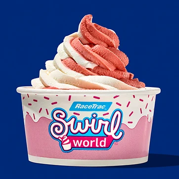Small cup of vanilla and strawberry RaceTrac Swirl World Frozen Yogurt