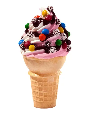 Swirl World vanilla and strawberry cone with chocolate toppings