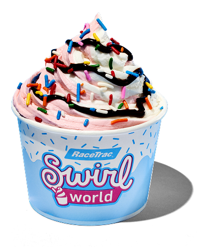 Swirl World vanilla and strawberry cup with rainbow sprinkles and chocolate syrup